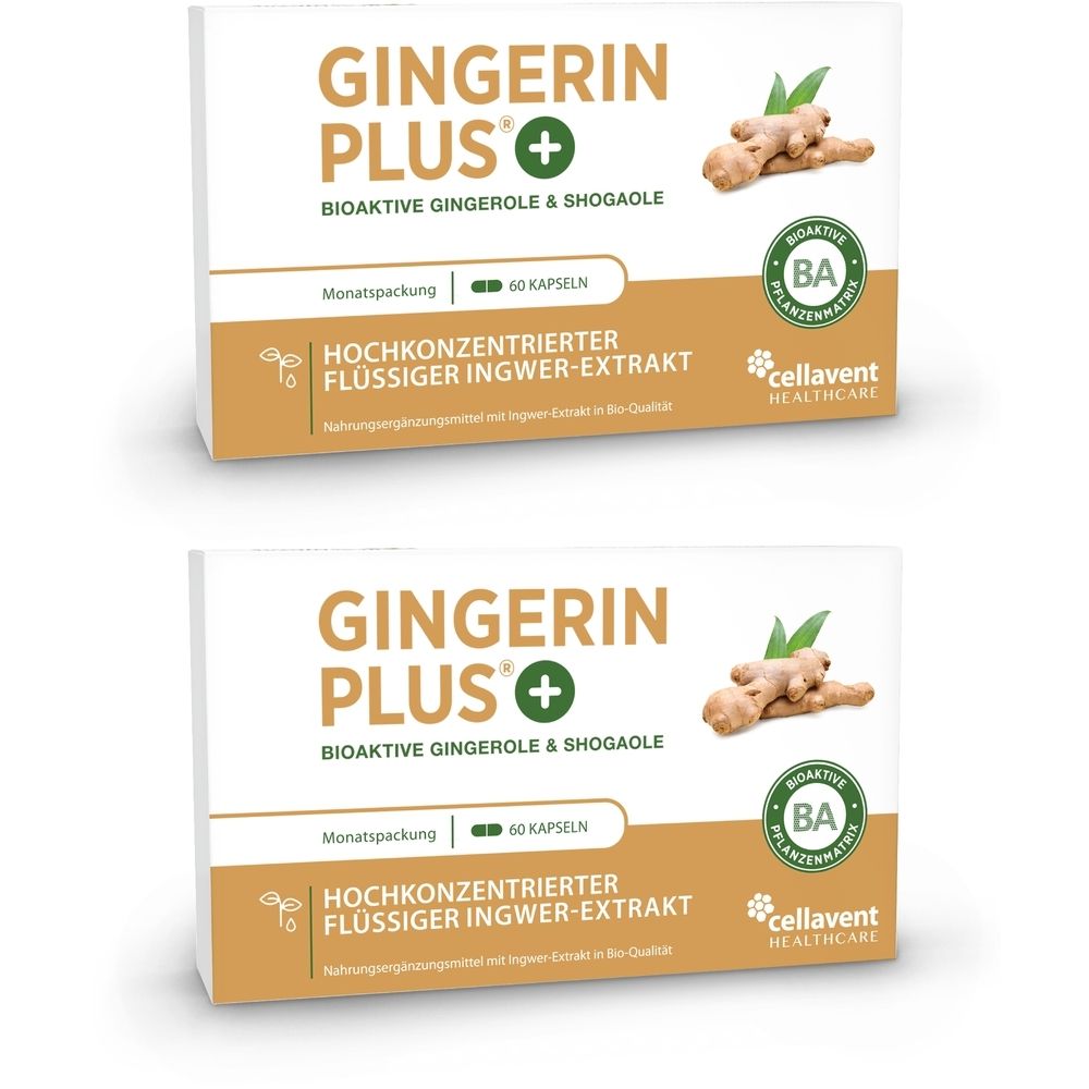 Zwei weiße Kartons mit GINGERIN PLUS® Ingwer Kapseln. Aufdrucke: Name, Ingwer-Abbildung, 60 Kapseln, Bio-Qualität.