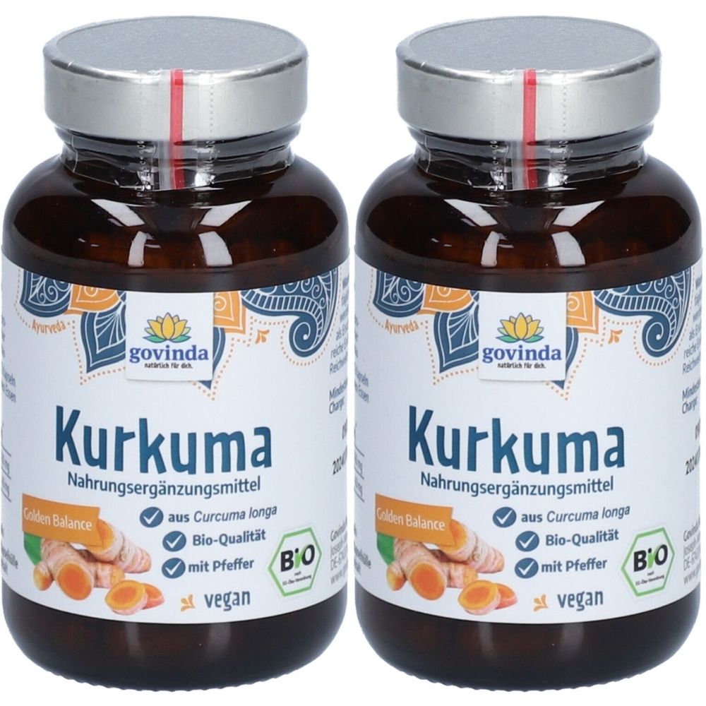 Zwei braune Glasflaschen mit silbernen Deckeln. Auf den Etiketten steht "Kurkuma" und "govinda". Bio-Qualität, vegan.