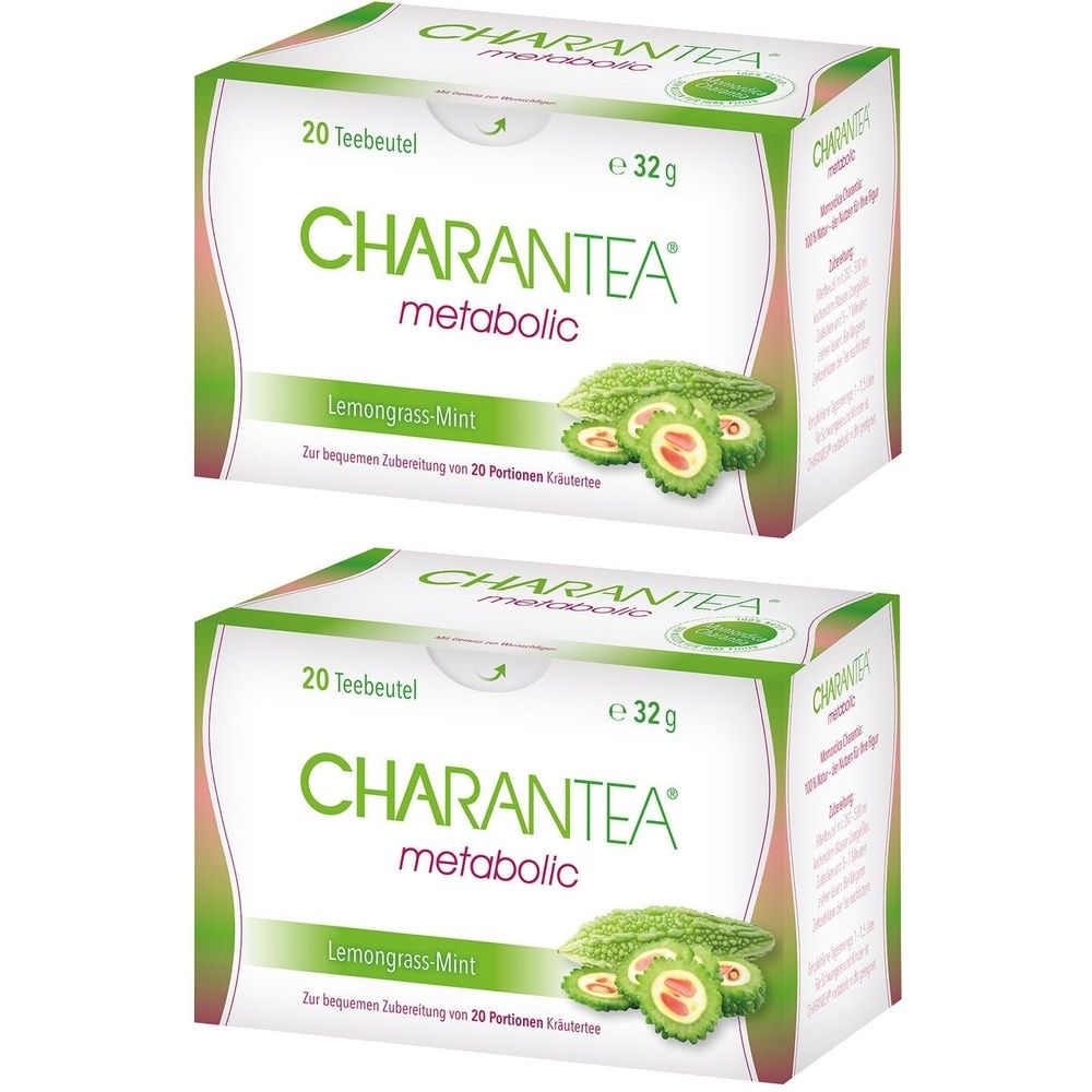 Zwei Schachteln mit CHARANTEA metabolic Tee. Aufschrift: Lemongrass Mint, 20 Teebeutel, e 32g. Abbildung von Bittergurke.