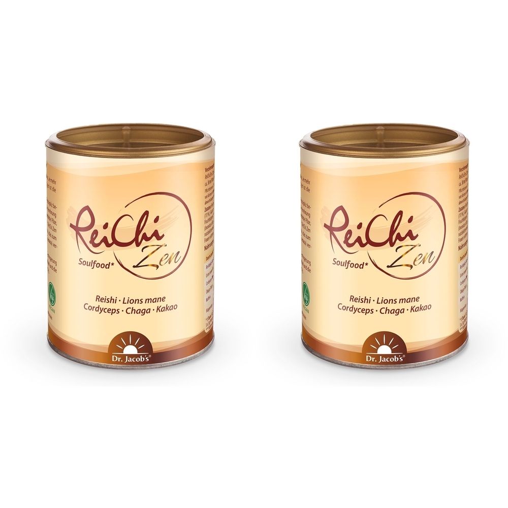 Zwei Dosen mit dem Aufdruck "ReiChi Zen". Aufschrift: Reishi, Lions mane, Cordyceps, Chaga, Kakao. Braune und goldfarbene Verpackung.