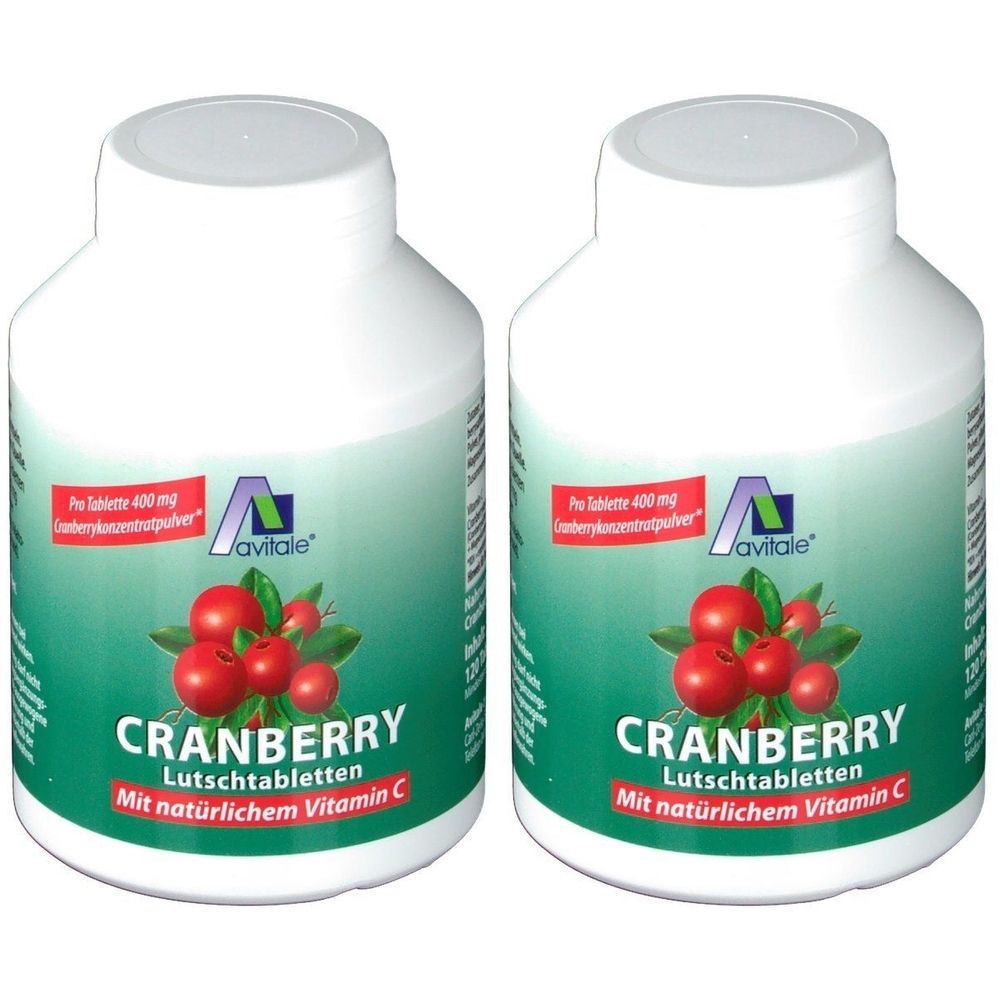 Zwei weiße Flaschen mit Deckel. Aufdruck: Cranberry Lutschtabletten, Vitamin C, Logo und Schriftzug Avitale. Abbildung von Cranberrys.