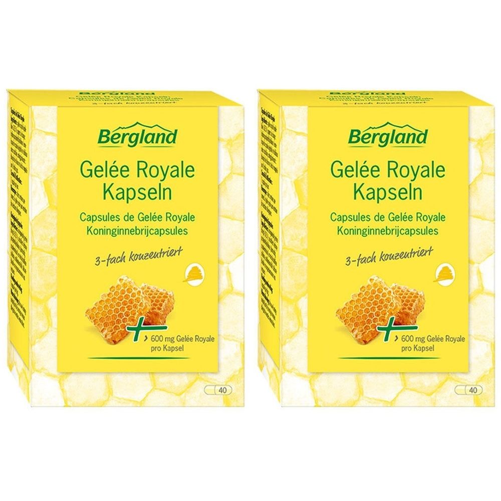 Zwei gelbe Kartons mit Produktaufdruck. Aufschrift: Bergland Gelée Royale Kapseln. Abbildung von Honigwaben. 3-fach konzentriert.