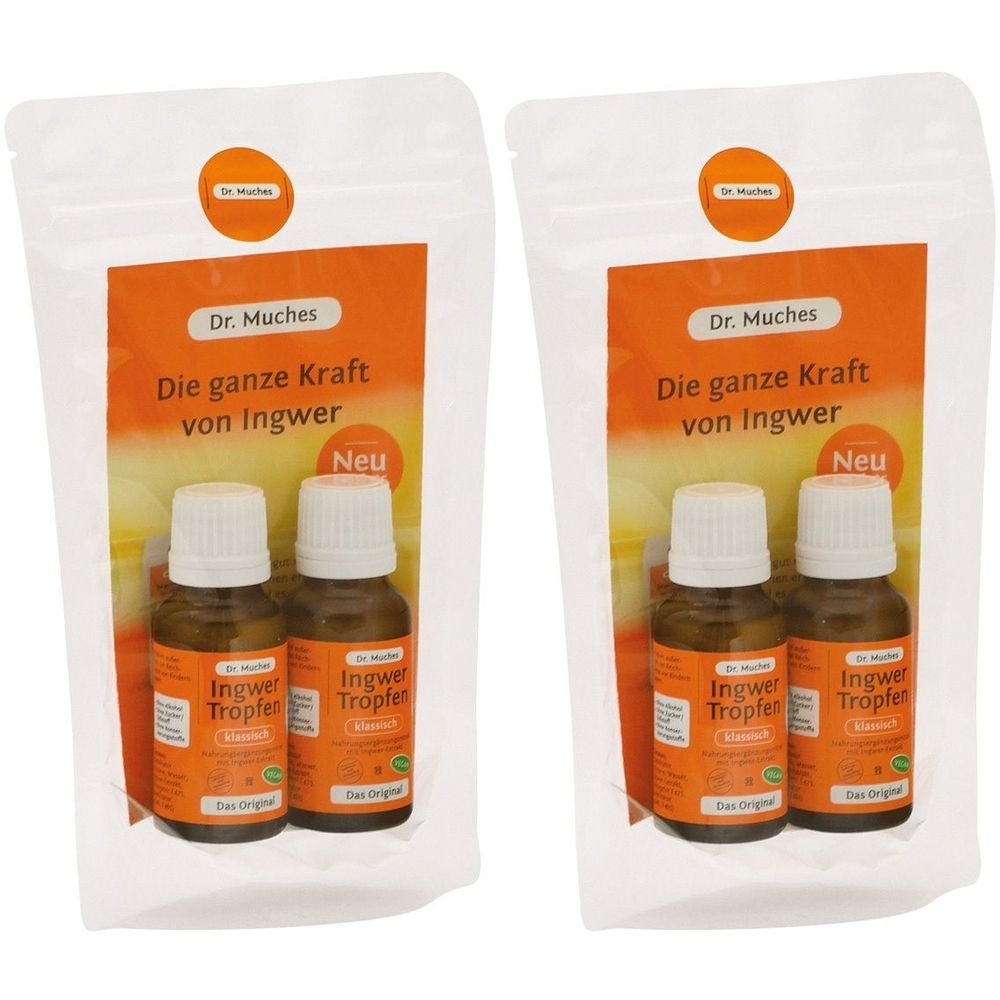 Zwei Flaschen Ingwer-Tropfen in einer Verpackung. Aufschrift: Dr. Muches, Ingwer Tropfen. Orangefarbener Hintergrund mit Text.