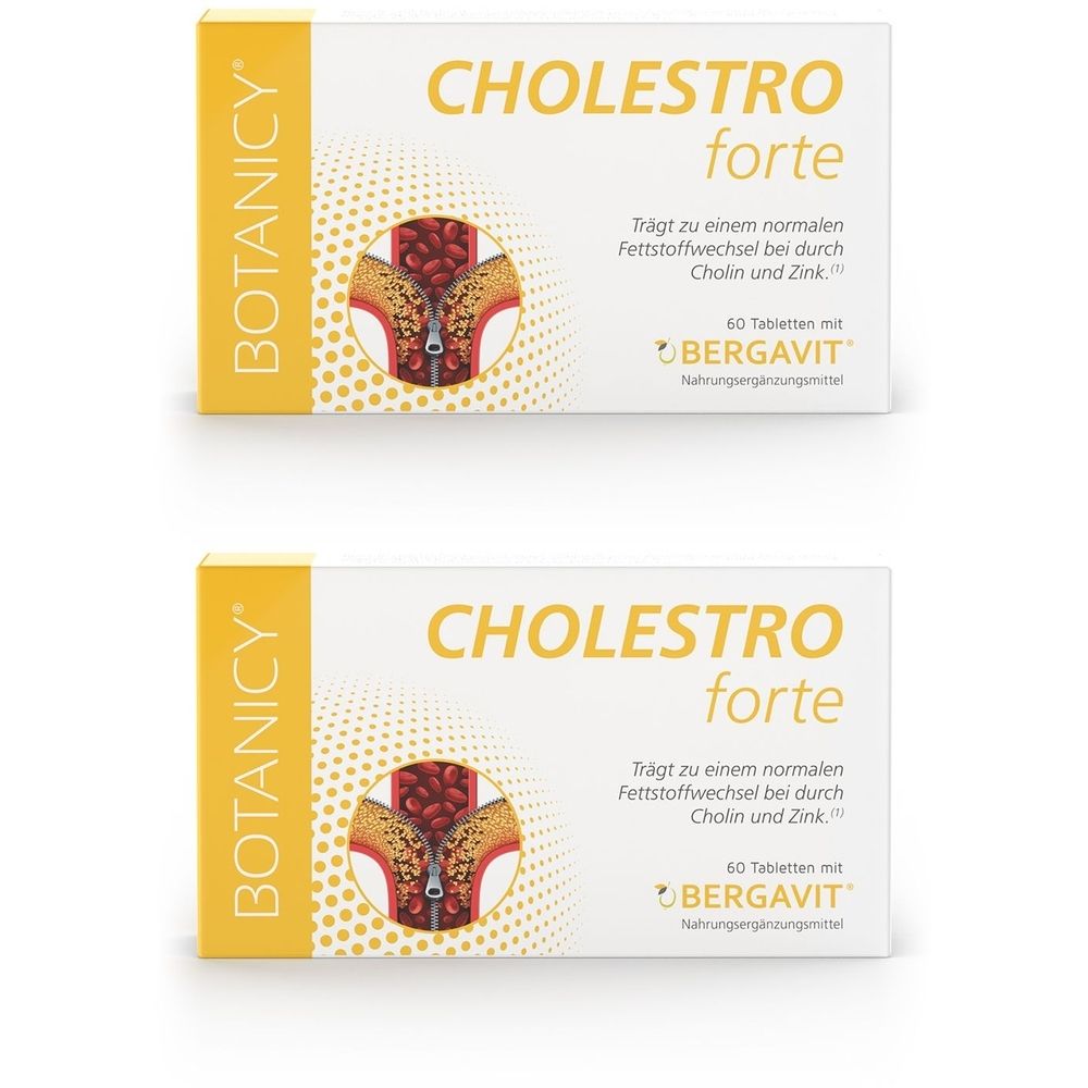 Zwei weiße Schachteln mit gelben Akzenten. Aufschrift: CHOLESTRO forte. Logo: BOTANICY. Text: 60 Tabletten mit BERGAVIT.