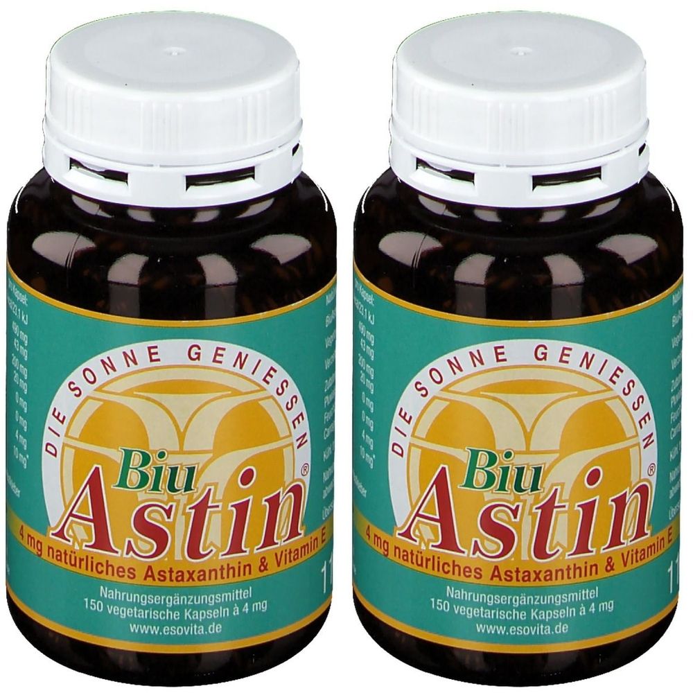 Zwei Flaschen BiuAstin Kapseln. Braune Flaschen mit weißen Deckeln und grünen Etiketten. Aufschrift: BiuAstin, 4 mg natürliches Astaxanthin & Vitamin E.