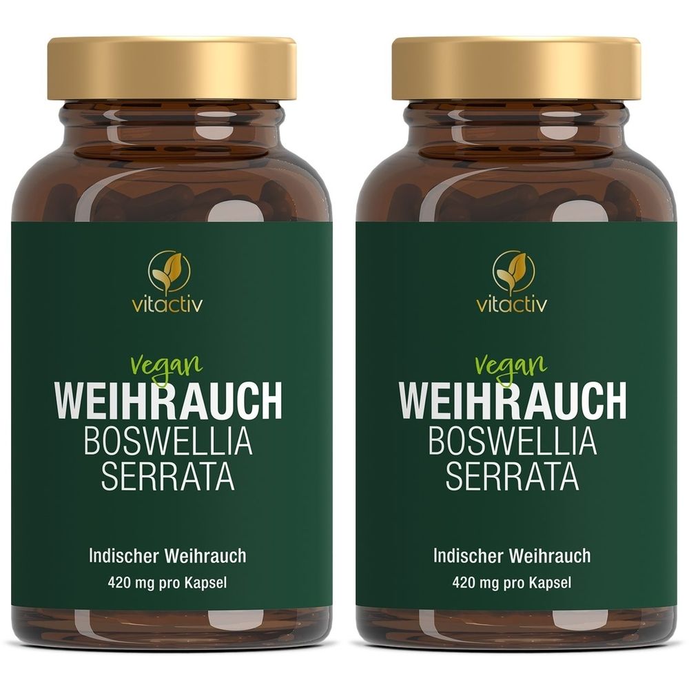 Zwei braune Glasflaschen mit goldenen Deckeln. Auf den Etiketten steht "Vegan Weihrauch Boswellia Serrata".