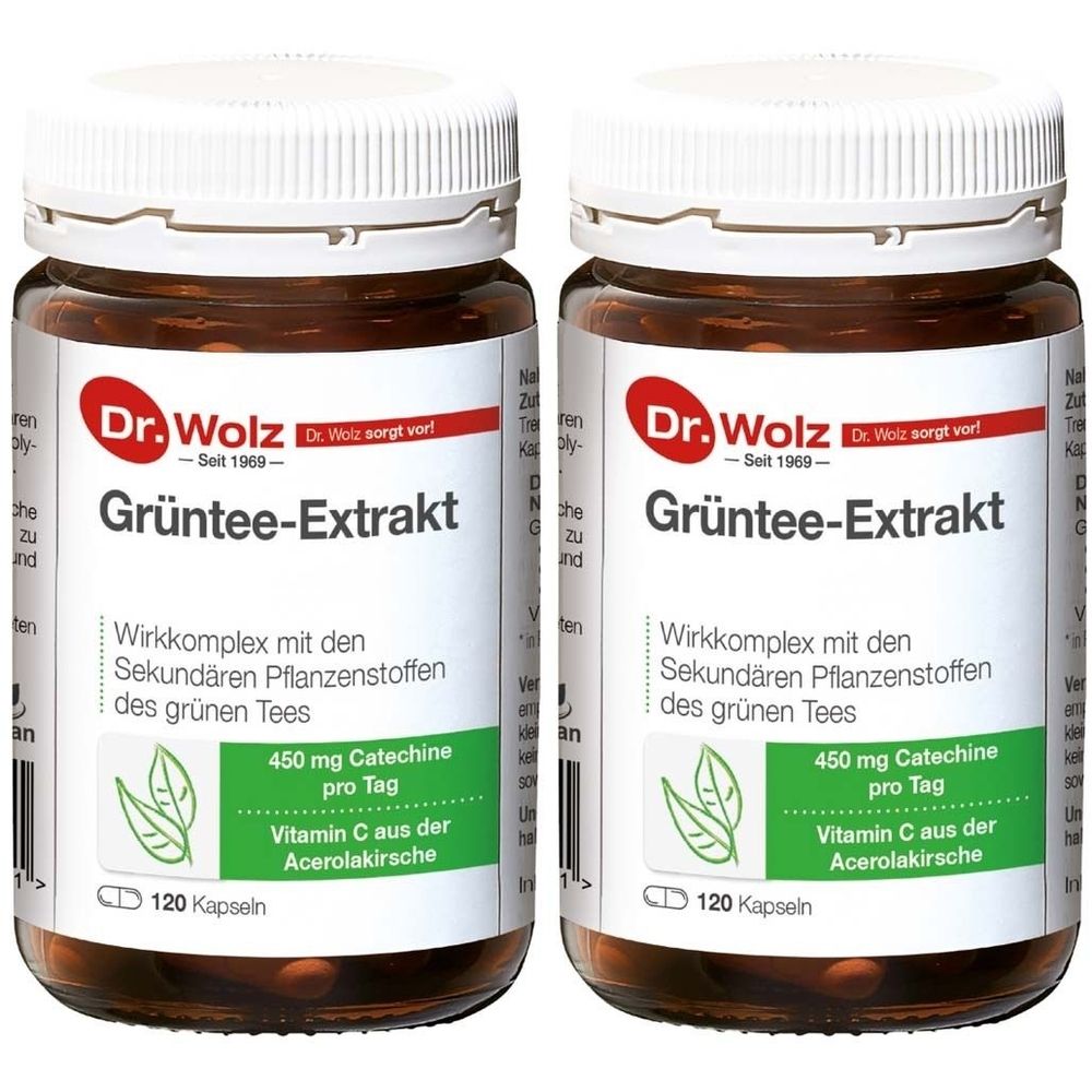 Zwei braune Glasflaschen mit weißen Deckeln. Auf den Etiketten steht "Grüntee-Extrakt" und "Dr. Wolz". Enthält 120 Kapseln.