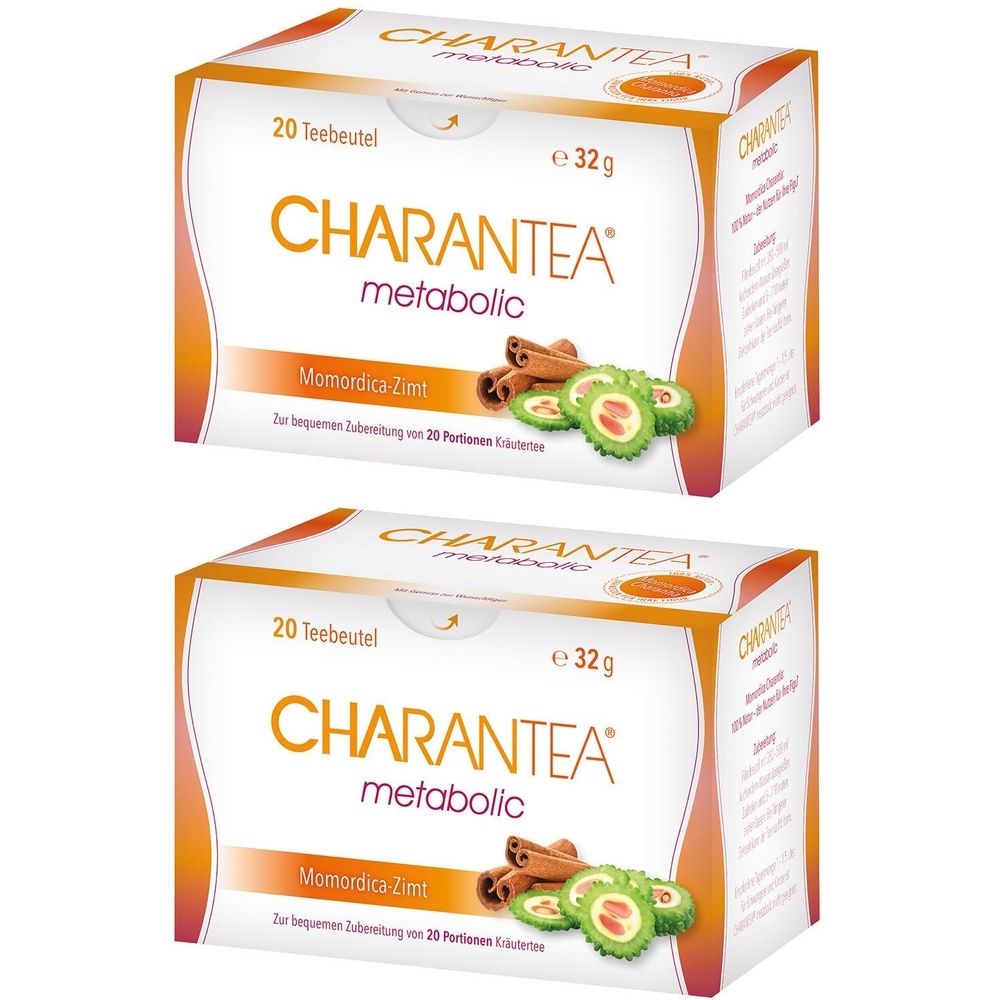 Zwei Schachteln CHARANTEA metabolic Tee. Aufdruck: 20 Teebeutel, Momordica-Zimt, 32g. Abbildung von Zimtstangen und Momordica.