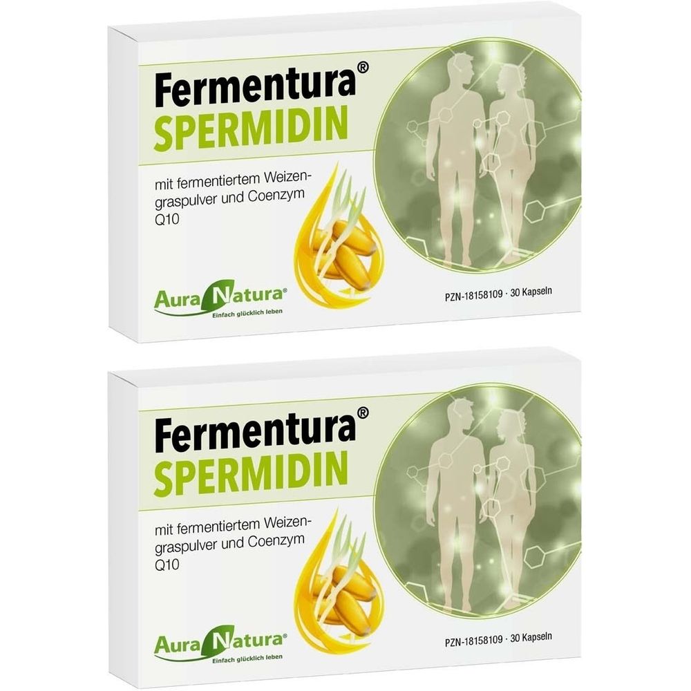 Zwei Schachteln mit der Aufschrift Fermentura® SPERMIDIN. Enthält fermentiertes Weizengraspulver und Coenzym Q10. Marke Aura Natura.