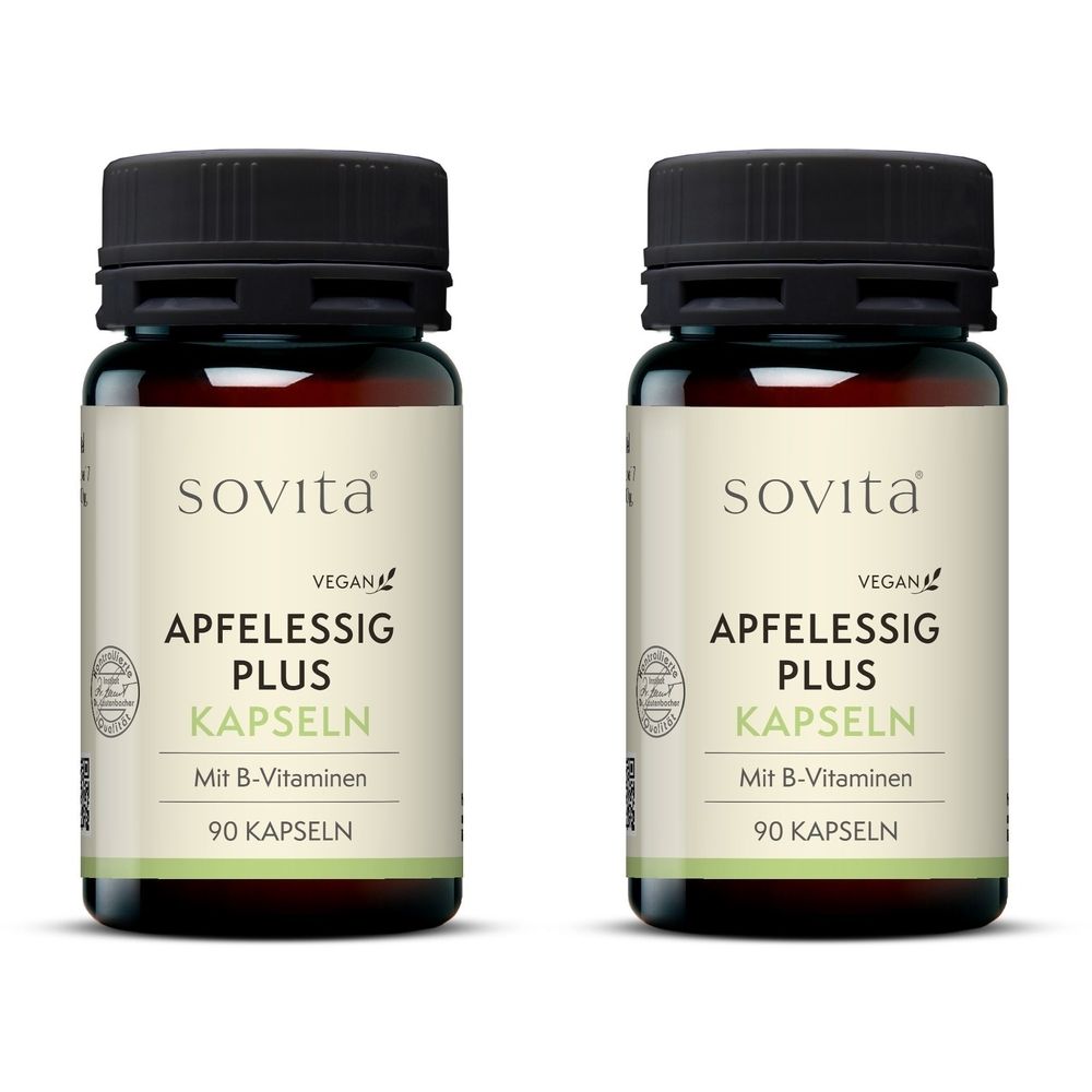 Zwei Flaschen mit schwarzen Deckeln. Auf den Etiketten steht "sovita", "APFELESSIG PLUS KAPSELN" und "Mit B-Vitaminen".