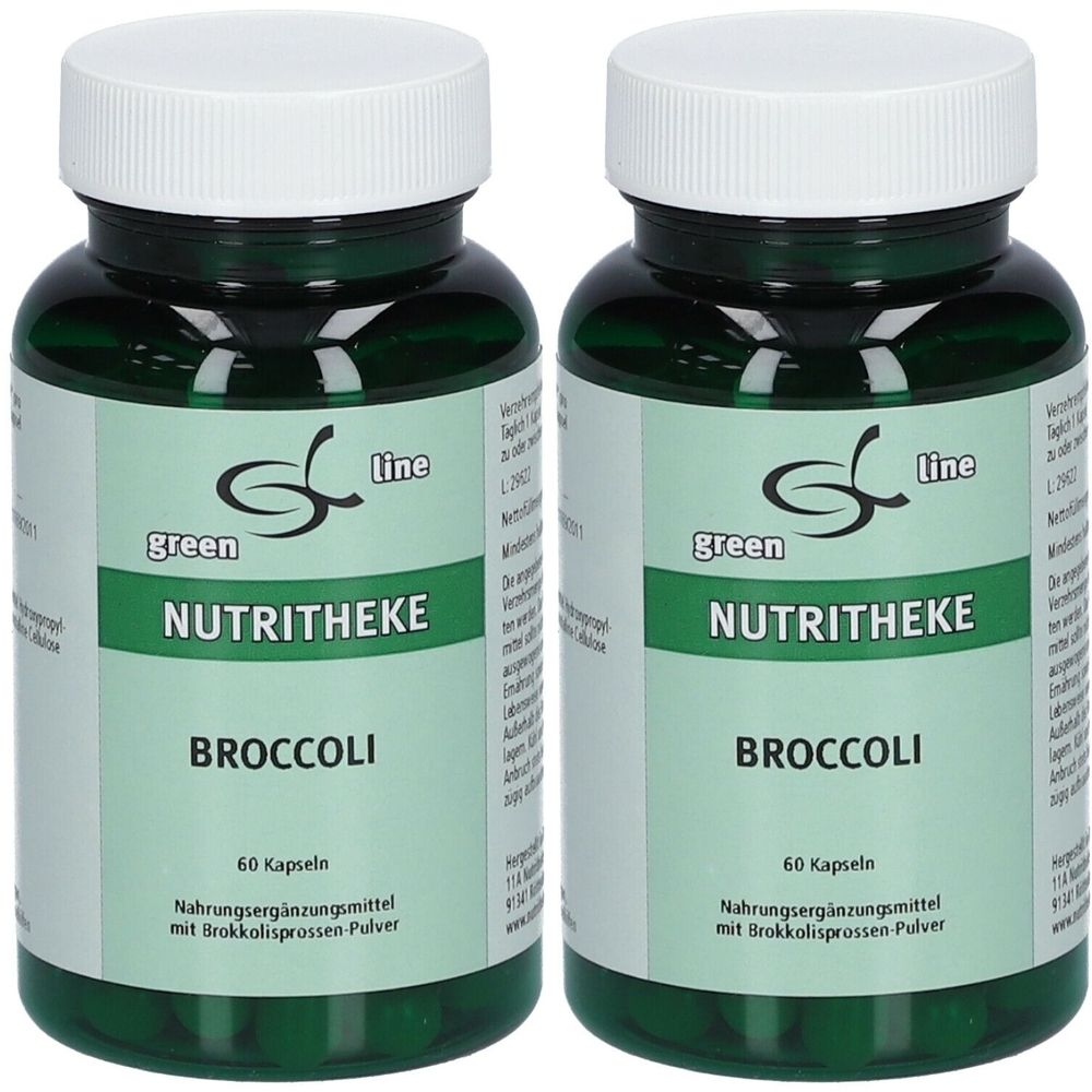 Zwei grüne Flaschen mit weißen Deckeln. Aufschrift: green line NUTRITHEKE BROCCOLI. Enthält 60 Kapseln. Nahrungsergänzungsmittel.
