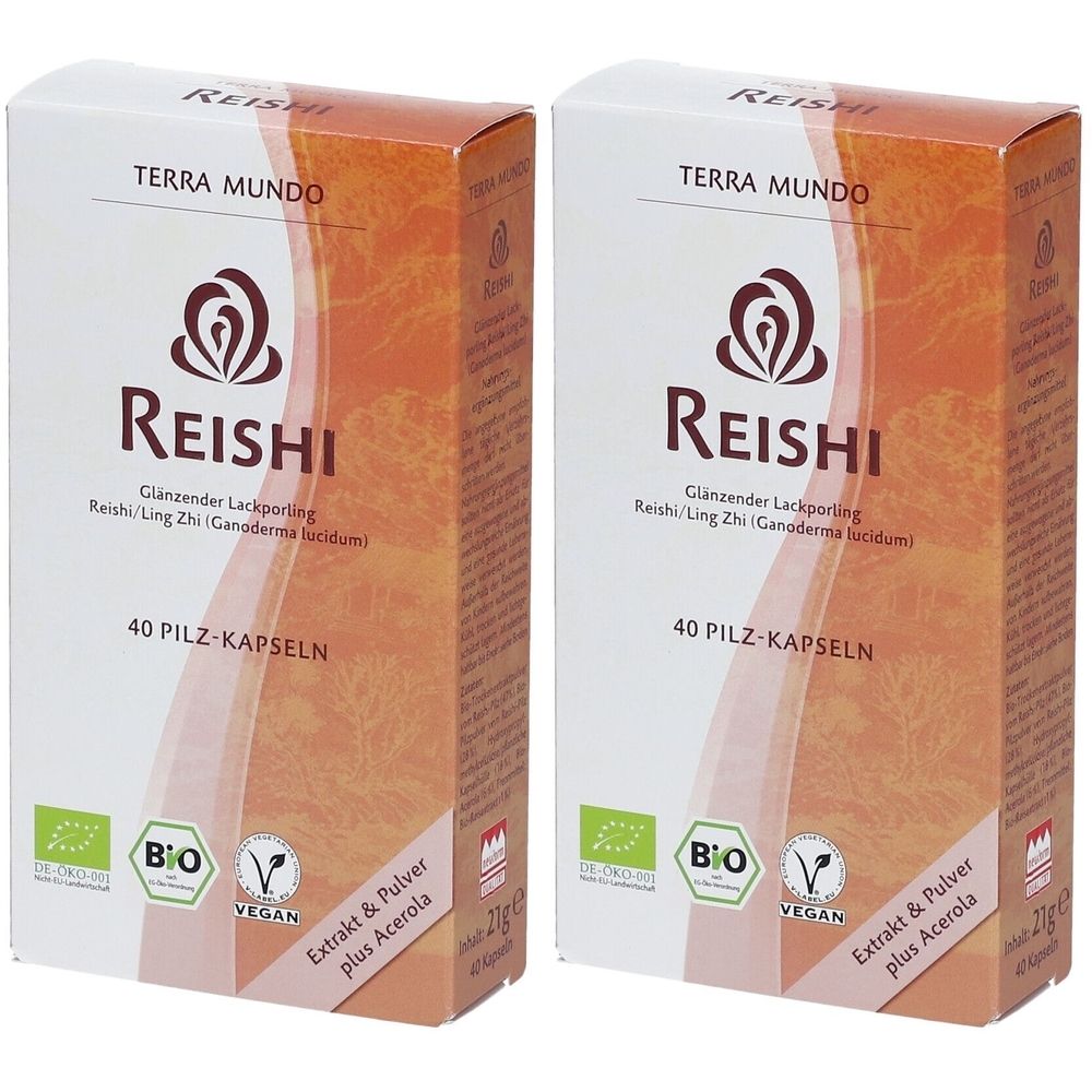Zwei Reishi-Kapsel-Packungen. Weiße Kartons mit orangefarbenem Farbverlauf. Aufschrift: Reishi, 40 Pilz-Kapseln, Bio-Siegel, Vegan-Logo.