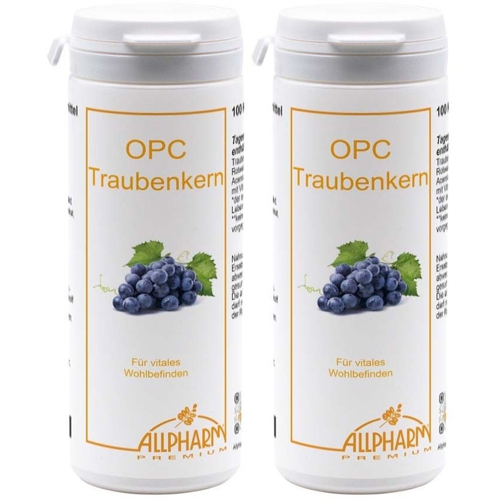 Zwei weiße Pillendosen mit Deckel. Aufschrift: OPC Traubenkern. Abbildung von Trauben. Marke: ALLPHARM.