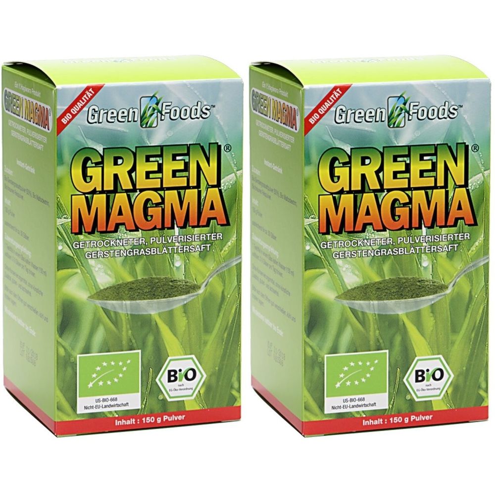 Zwei grüne Kartons mit "Green Magma"-Pulver. Aufschrift: "Bio Qualität". Logo: "Green Foods". Enthält 150 g Pulver.