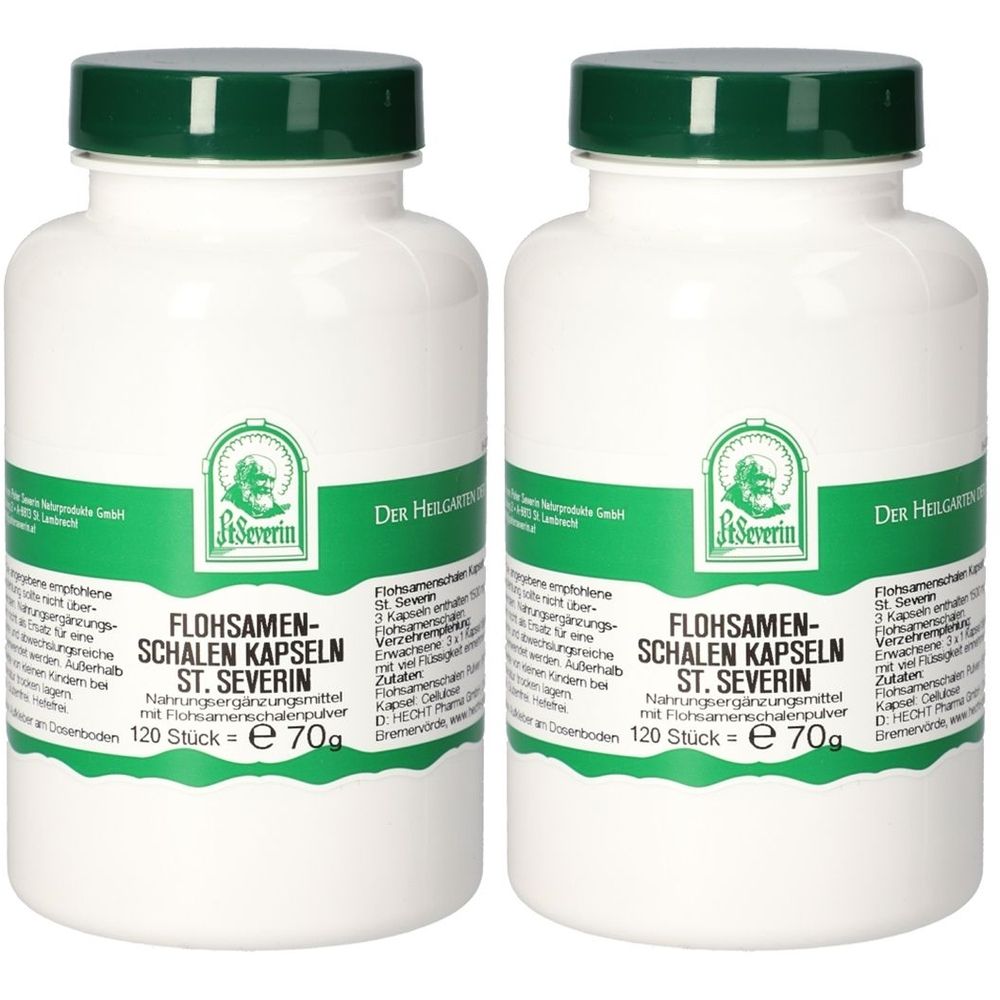 Zwei weiße Flaschen mit grünem Deckel und Etikett. Aufschrift: FLOHSAMEN-SCHALEN KAPSELN ST. SEVERIN. 120 Stück.