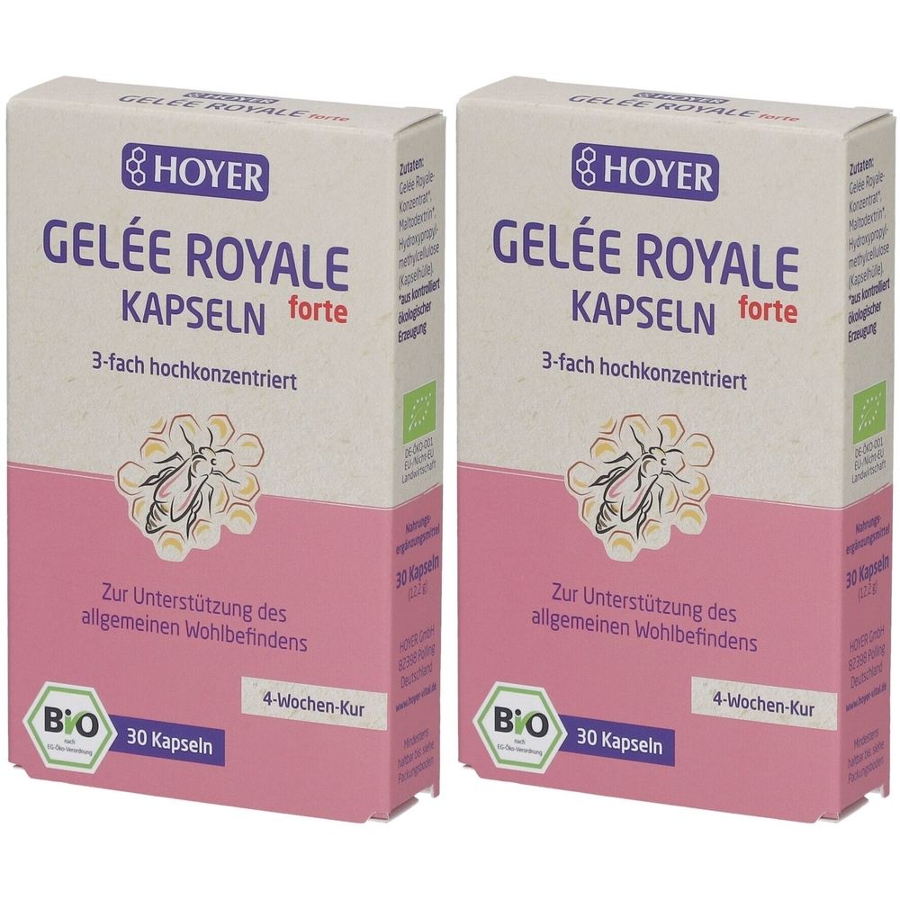 Zwei Schachteln HOYER Gelée Royale forte Kapseln. Aufschrift: 3-fach hochkonzentriert, 30 Kapseln, Bio-Siegel. Rosa und cremefarbene Verpackung.