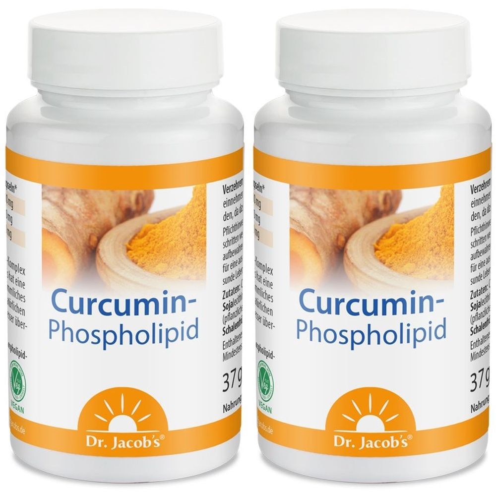Zwei weiße Flaschen mit gelbem Etikett. Aufschrift: Curcumin-Phospholipid, Dr. Jacob's. Vegan-Siegel.