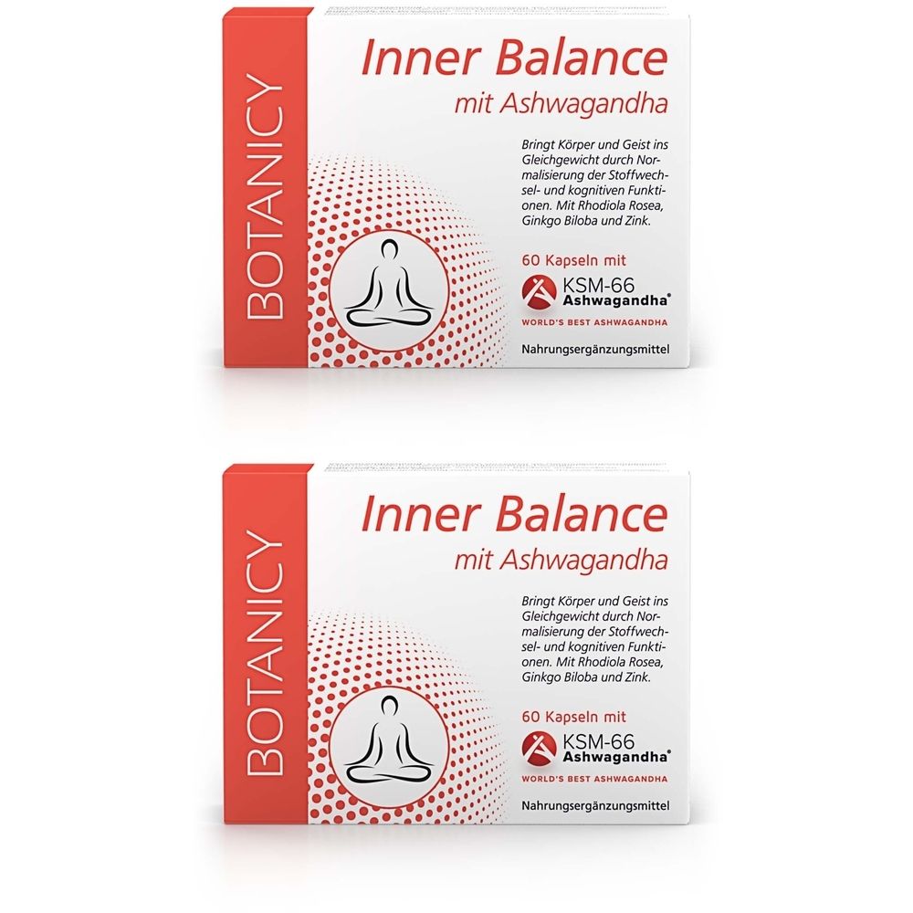 Zwei weiße Schachteln mit roter Schrift. Aufschrift: Inner Balance mit Ashwagandha. 60 Kapseln. Logo mit sitzender Person.