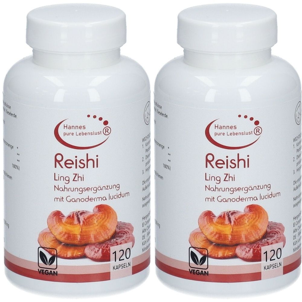 Zwei weiße Flaschen mit dem Produktnamen Reishi. Aufschrift: Nahrungsergänzung mit Ganoderma lucidum. 120 Kapseln. Vegan.