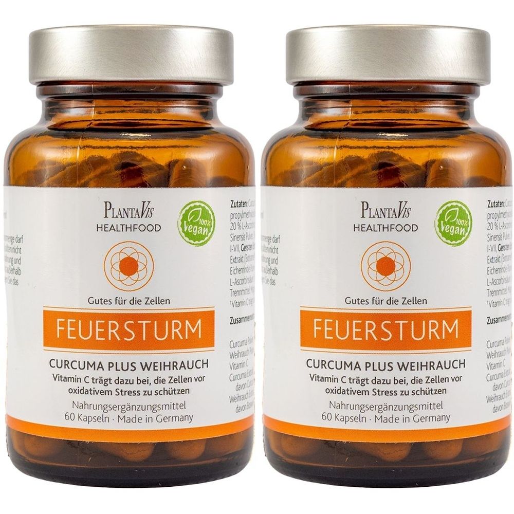 Zwei braune Glasflaschen mit silbernen Deckeln. Auf den Etiketten steht "PlantaVis Healthfood", "Feuersturm Curcuma plus Weihrauch" und "Vegan".