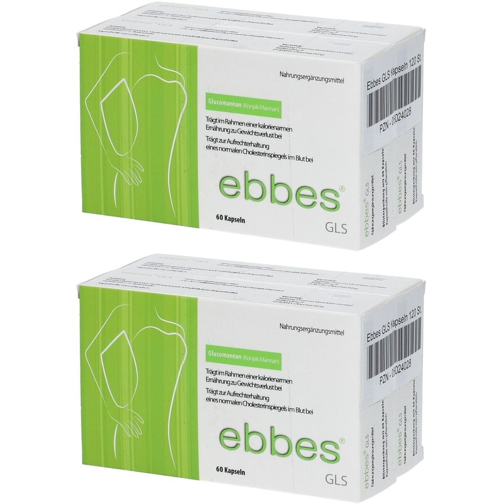 Zwei weiße Kartons mit grünen Akzenten. Aufschrift: ebbes GLS. Enthält 60 Kapseln. Barcode und Produktinformationen.