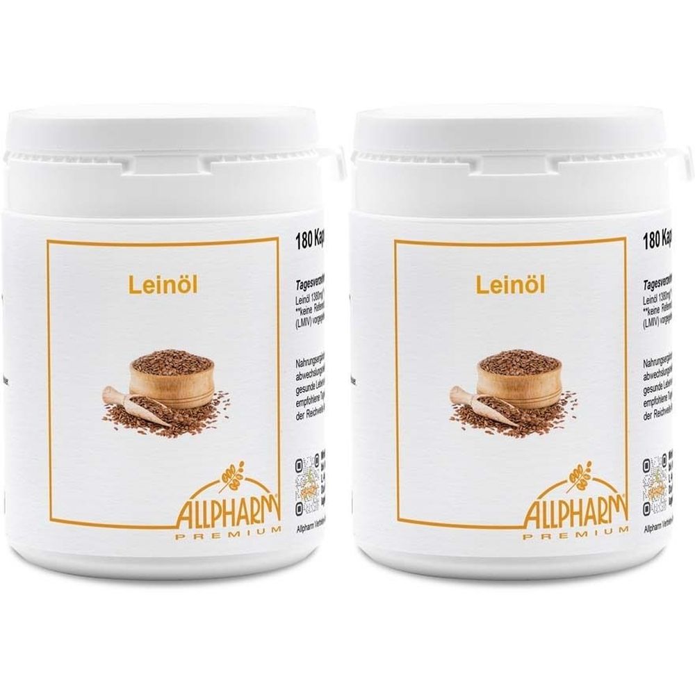 Zwei weiße Dosen mit Schraubverschluss. Auf jeder Dose steht "Leinöl" und das Logo von Allpharm Premium. Abbildung von Leinsamen.