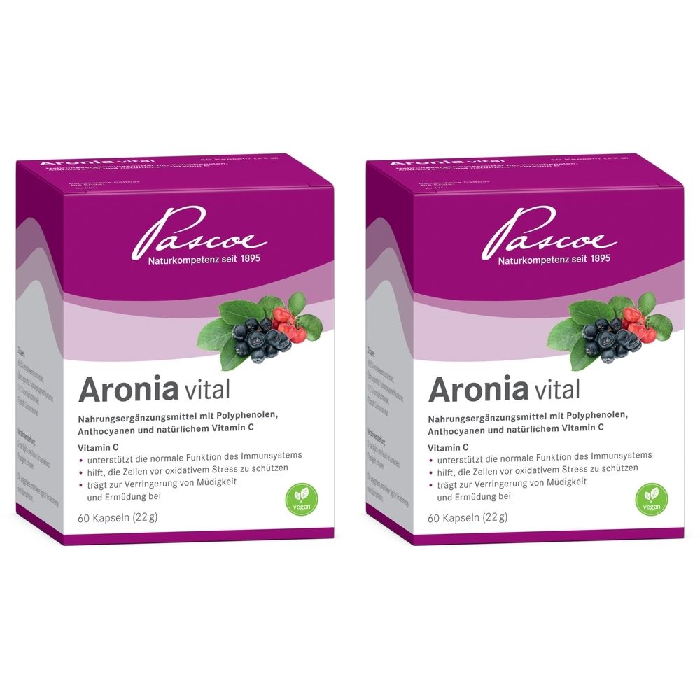 Zwei rechteckige Schachteln mit der Aufschrift "Pascoe Aronia vital". Auf der Verpackung sind Aronia-Beeren abgebildet. 60 Kapseln.