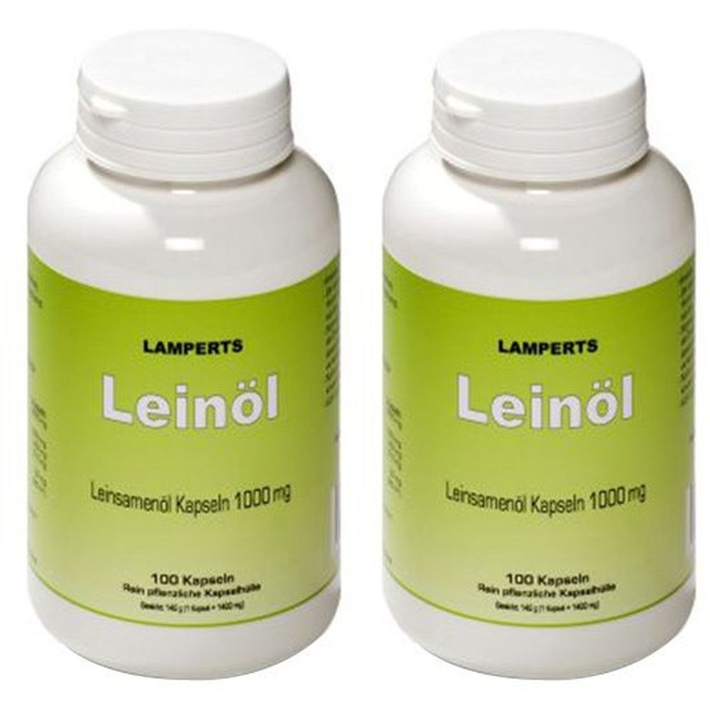 Zwei weiße Flaschen mit grünem Etikett. Aufschrift: Lamperts Leinöl, Leinsamenöl Kapseln 1000 mg. 100 Kapseln.