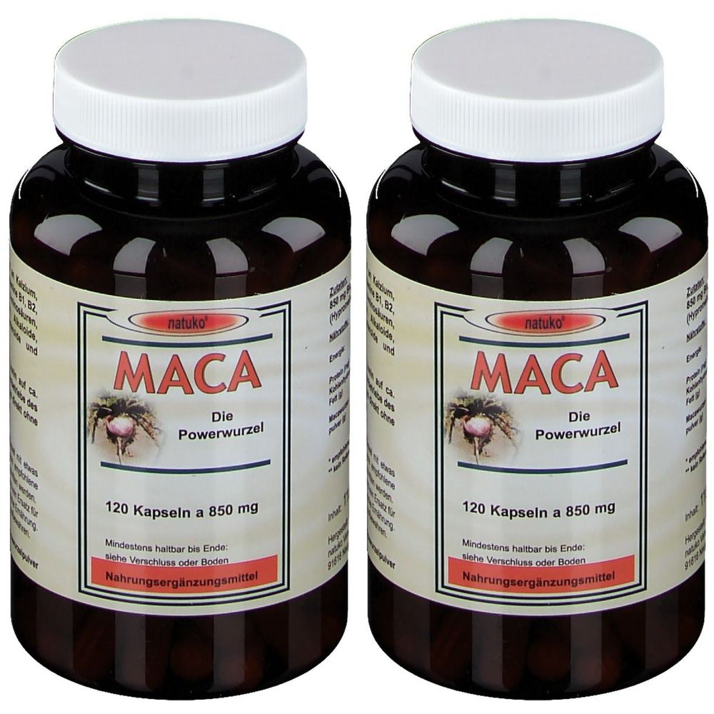 Zwei Flaschen mit Kapseln. Auf dem Etikett steht "MACA Die Powerwurzel". 120 Kapseln a 850 mg. Nahrungsergänzungsmittel.