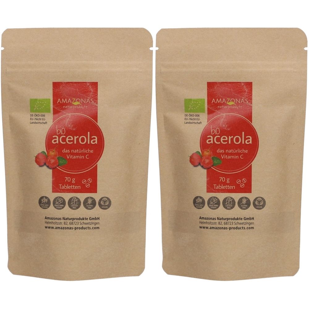 Zwei Beutel mit "acerola" Aufdruck. Roter Kreis mit Text und Abbildung von Früchten. "70 g Tabletten" und Logos.