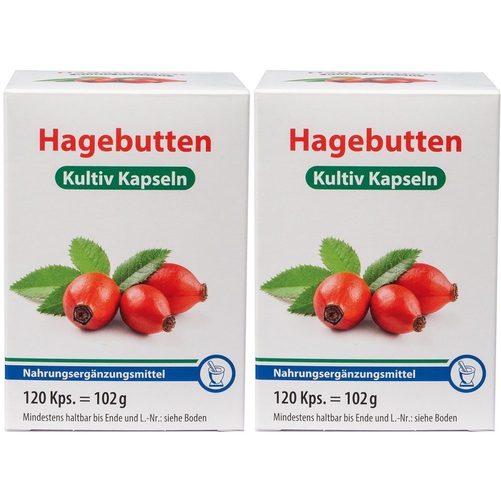 Zwei weiße Kartons mit Produktnamen und Abbildung von Hagebutten. Text: Nahrungsergänzungsmittel, 120 Kps. = 102g.