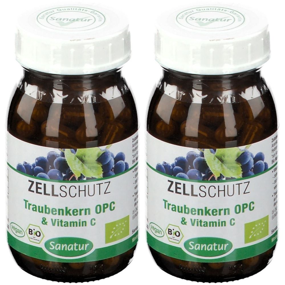 Zwei Glasflaschen mit Kapseln. Aufschrift: ZELLSCHUTZ Traubenkern OPC & Vitamin C. Marke: Sanatur. Mit Bio-Siegel und Vegan-Logo.