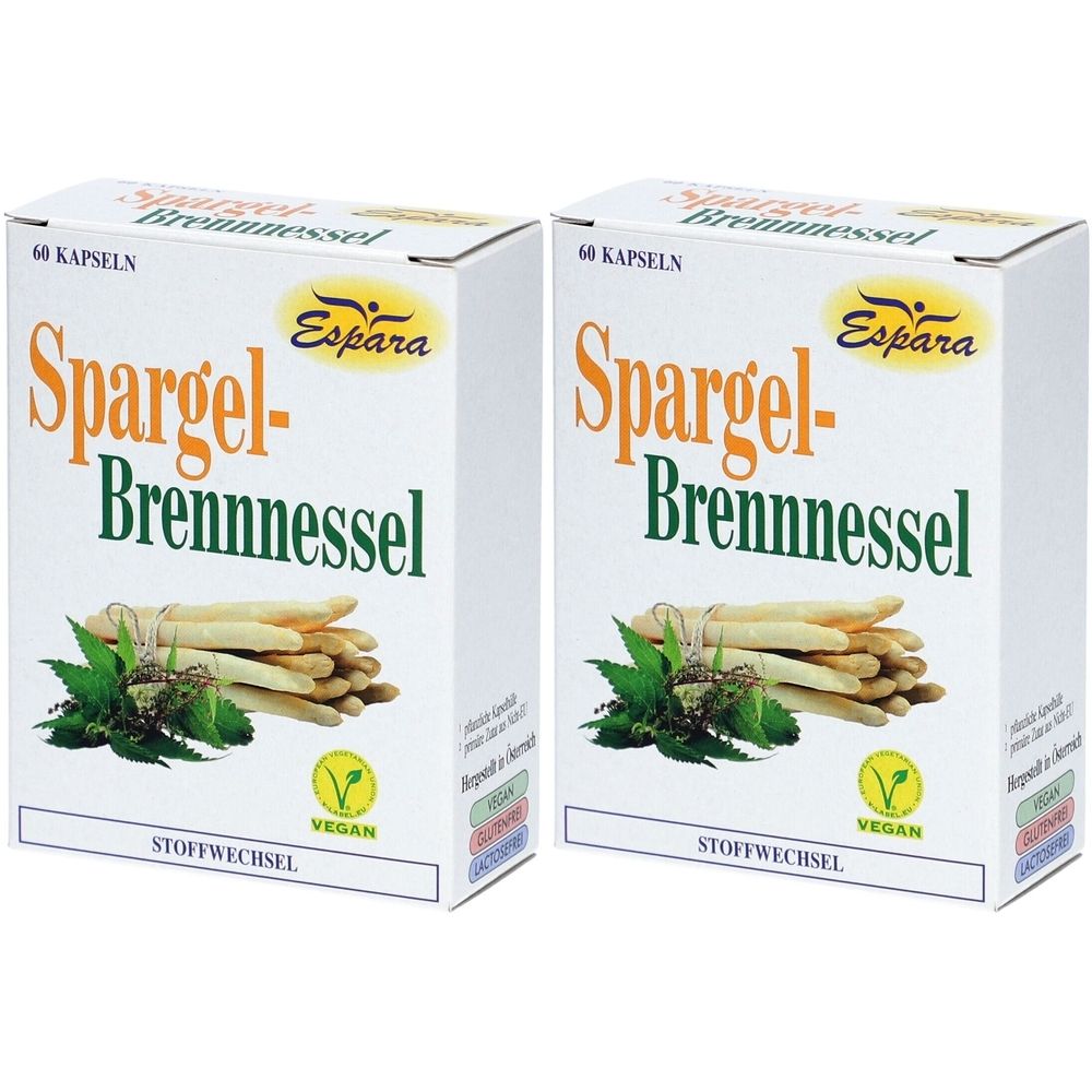 Zwei weiße Kartons mit Produktnamen Spargel-Brennessel und Espara-Logo. Vegan-Siegel. Abbildung von Spargel und Brennnessel.
