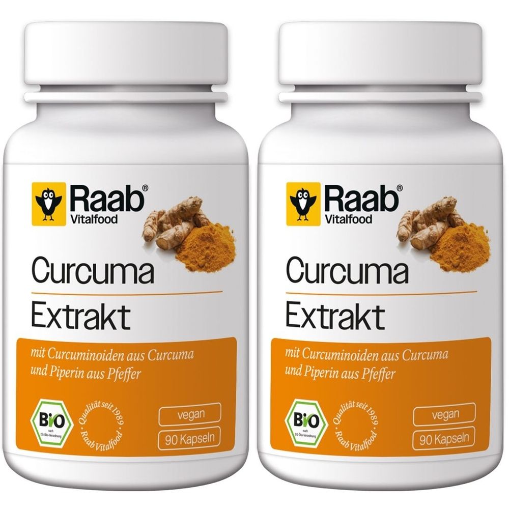Zwei weiße Flaschen mit gelb-orangenen Etiketten. Aufschrift: Curcuma Extrakt, Bio-Siegel, vegan. Abbildung von Kurkuma und Pulver.