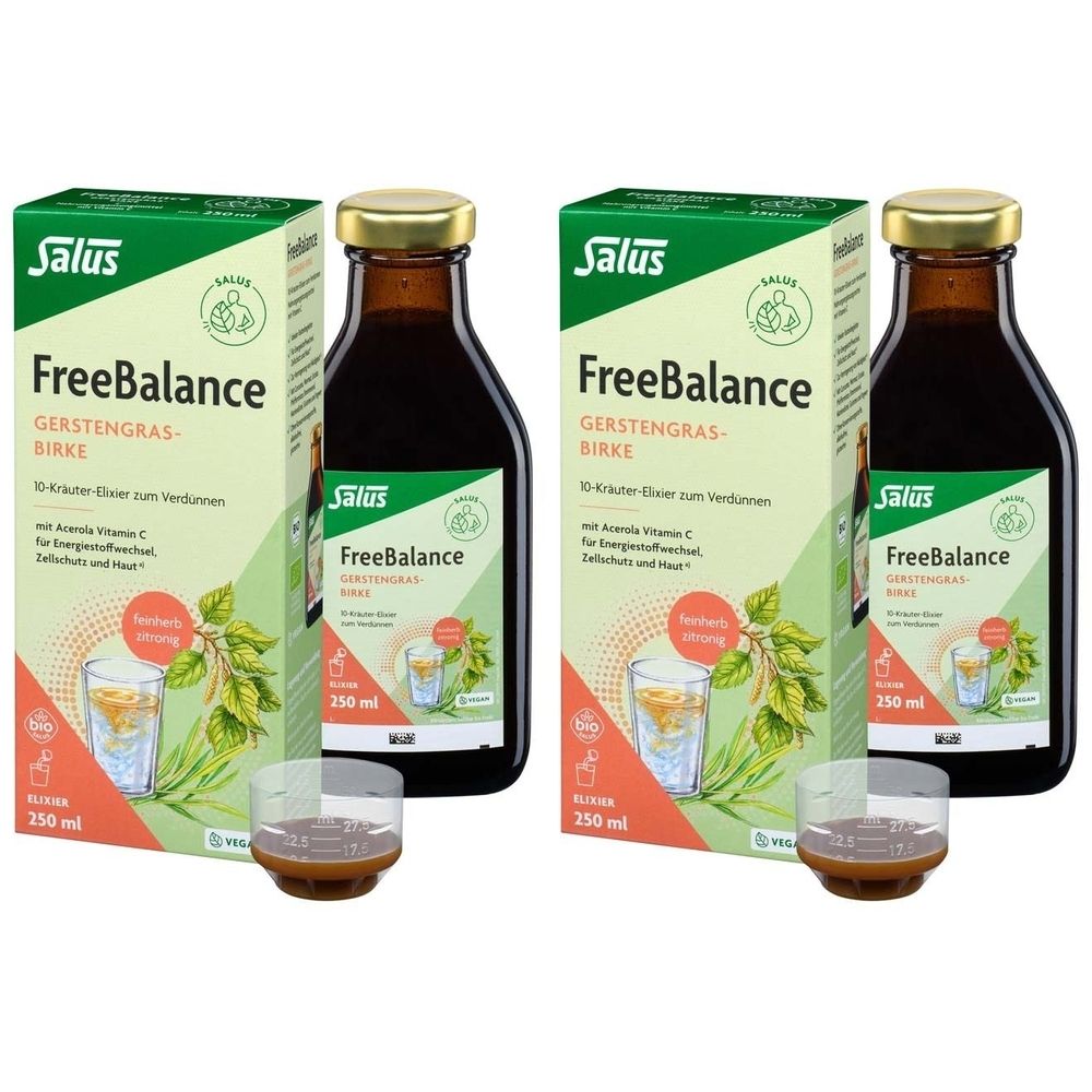 Zwei Flaschen und zwei Kartons mit Salus FreeBalance. Auf den Kartons steht "Gerstengras-Birke". Daneben zwei Gläser mit Flüssigkeit.