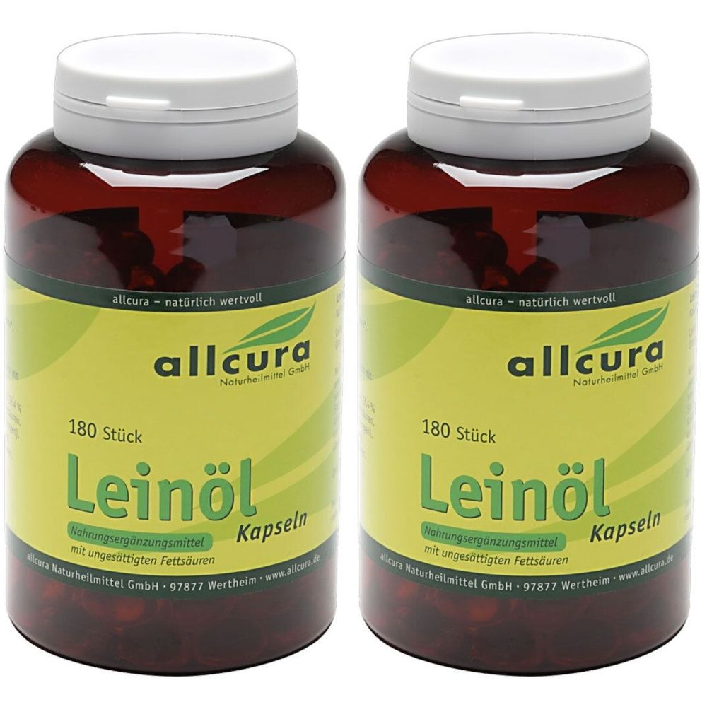 Zwei braune Flaschen mit weißen Deckeln. Auf den Etiketten steht "allcura Leinöl Kapseln" und "180 Stück".