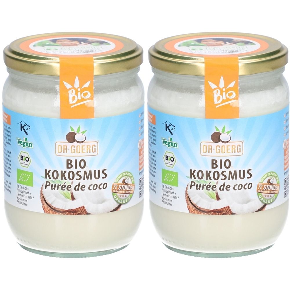 Zwei Gläser Kokosmus mit goldenen Deckeln und Etiketten. Aufschrift: DR. GOERG Bio Kokosmus. Vegan und Bio-Siegel.