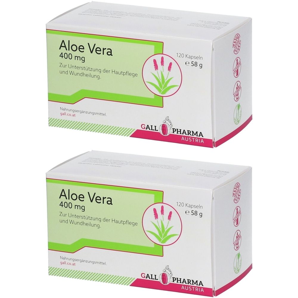 Zwei weiße Kartons mit Aloe Vera-Kapseln. Aufschrift: Aloe Vera 400 mg, 120 Kapseln, GALL PHARMA AUSTRIA. Grün-rotes Design.