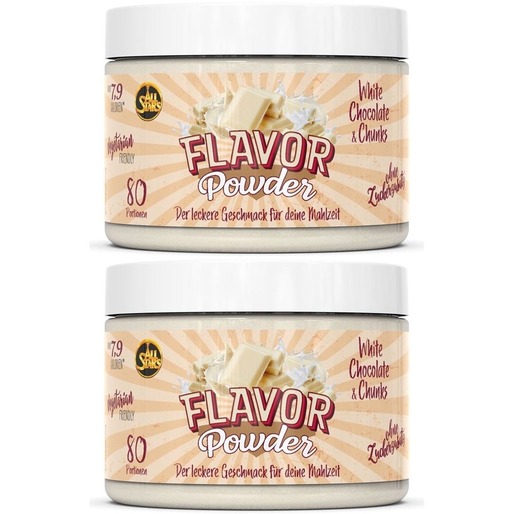 Zwei Dosen Flavor Powder. Aufschrift: White Chocolate & Chunks. Produktabbildung mit Schokoladenstückchen.