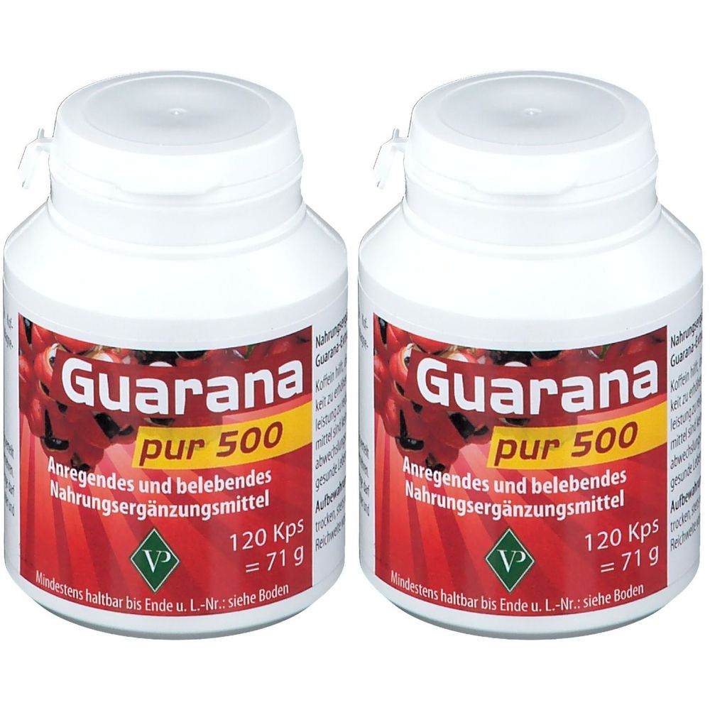Zwei weiße Flaschen mit rotem Etikett. Aufschrift: Guarana pur 500. Nahrungsergänzungsmittel. 120 Kps = 71 g. Mindestens haltbar bis Ende.
