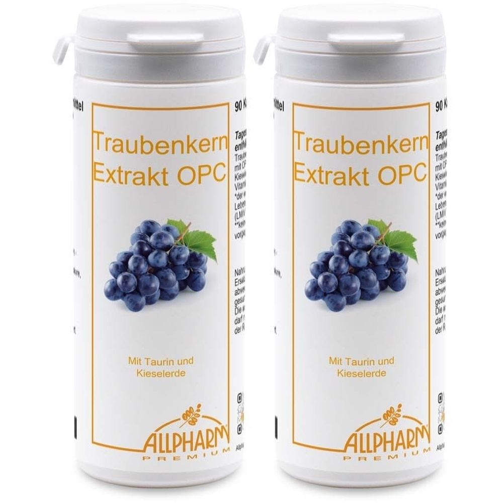 Zwei weiße Flaschen mit Etiketten. Aufschrift: Traubenkern Extrakt OPC. Abbildung von Trauben. Marke: ALLPHARM PREMIUM.