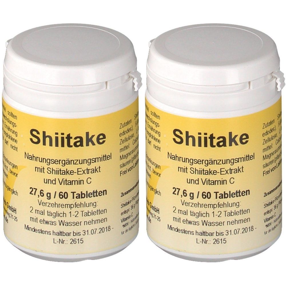 Zwei weiße Dosen mit gelben Etiketten. Aufschrift: Shiitake, Nahrungsergänzungsmittel mit Shiitake-Extrakt und Vitamin C. 27,6 g / 60 Tabletten.