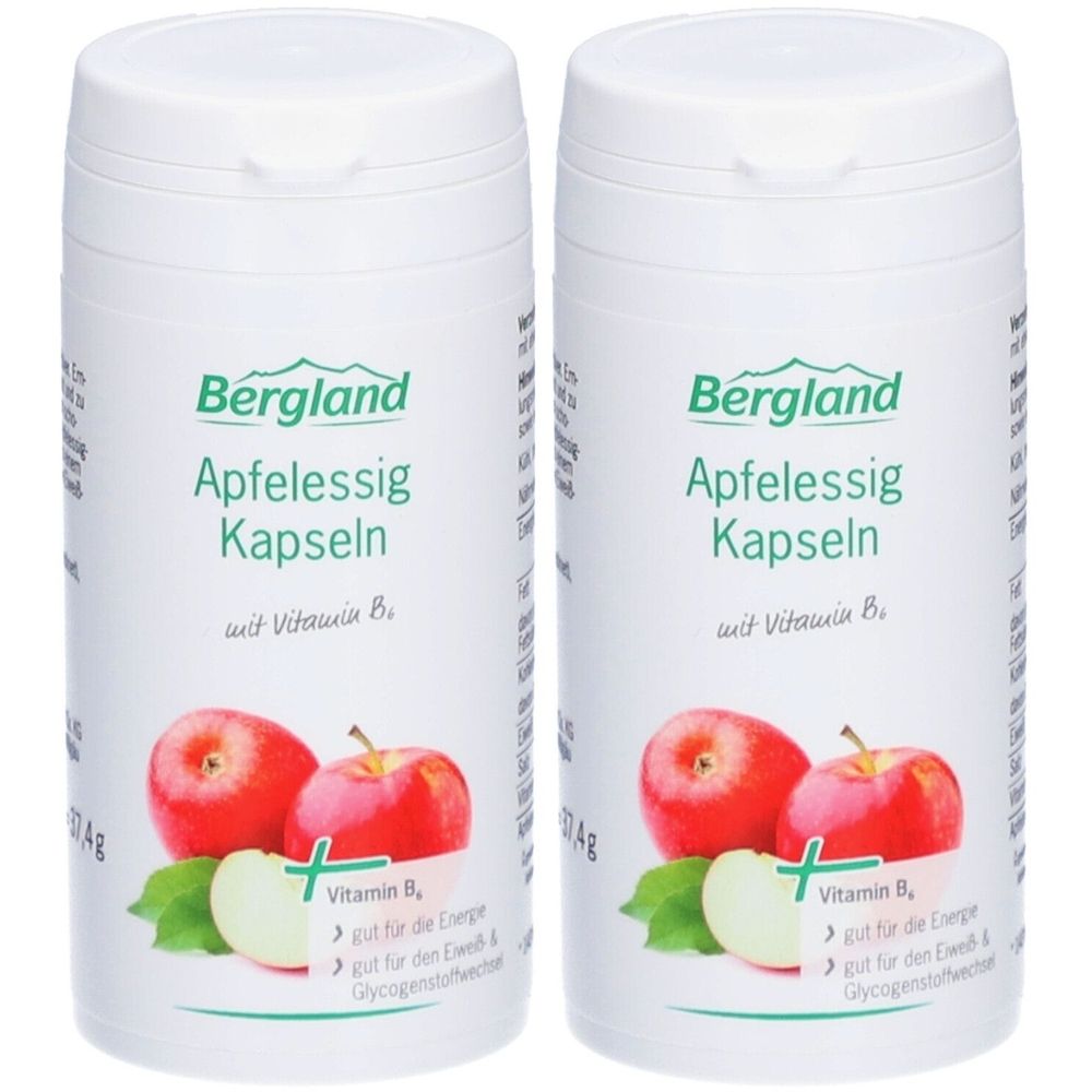 Zwei weiße Flaschen mit dem Produktnamen „Bergland Apfelessig Kapseln“. Auf jeder Flasche ist ein Apfel abgebildet. Mit Vitamin B6.