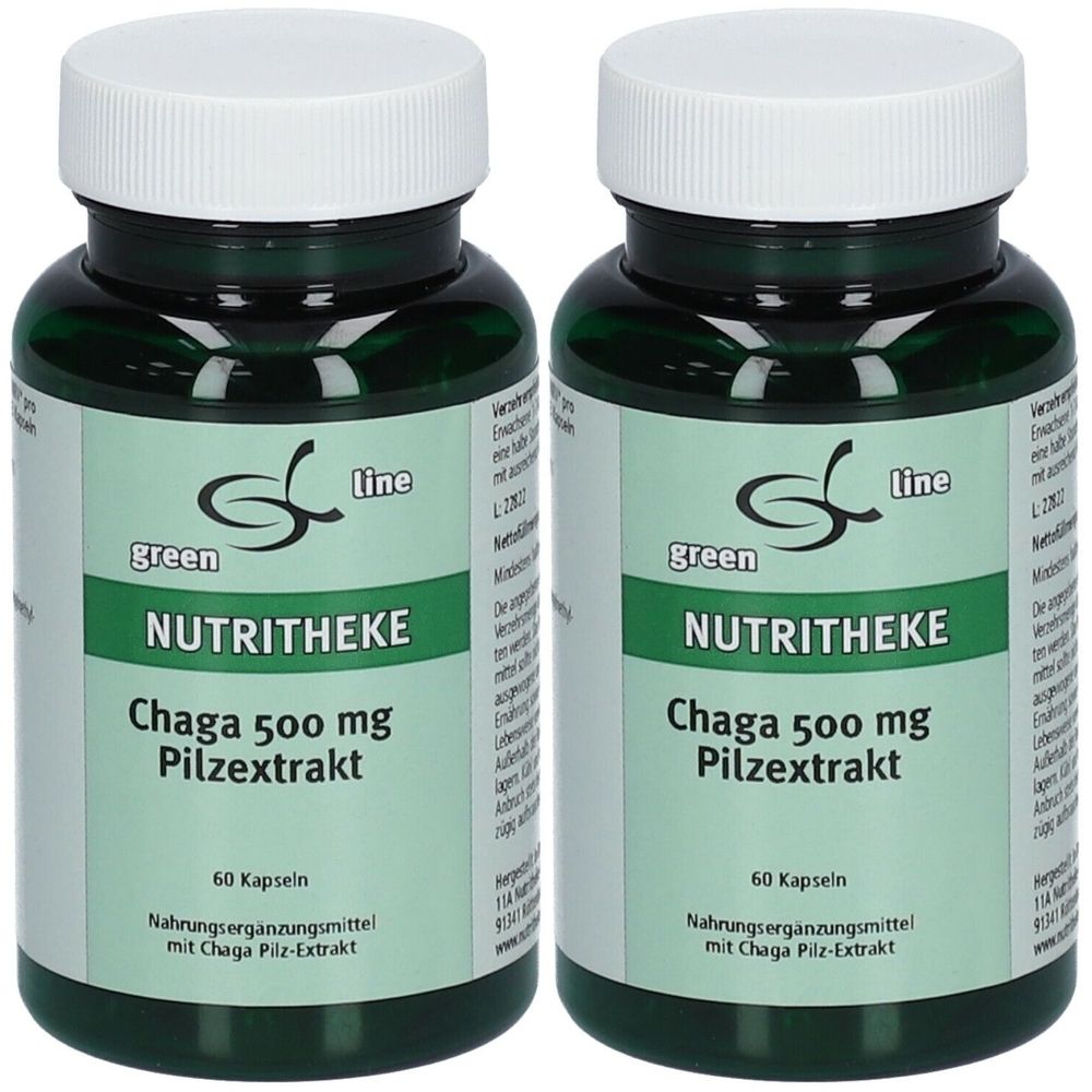 Zwei grüne Flaschen mit weißen Deckeln. Aufschrift: green line NUTRITHEKE Chaga 500 mg Pilzextrakt. 60 Kapseln.