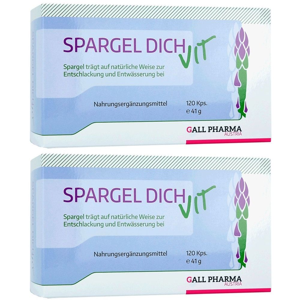 Zwei Schachteln mit der Aufschrift "SPARGEL DICH vit". Enthält 120 Kapseln. Marke: GALL PHARMA AUSTRIA. Aufschrift: Nahrungsergänzungsmittel.
