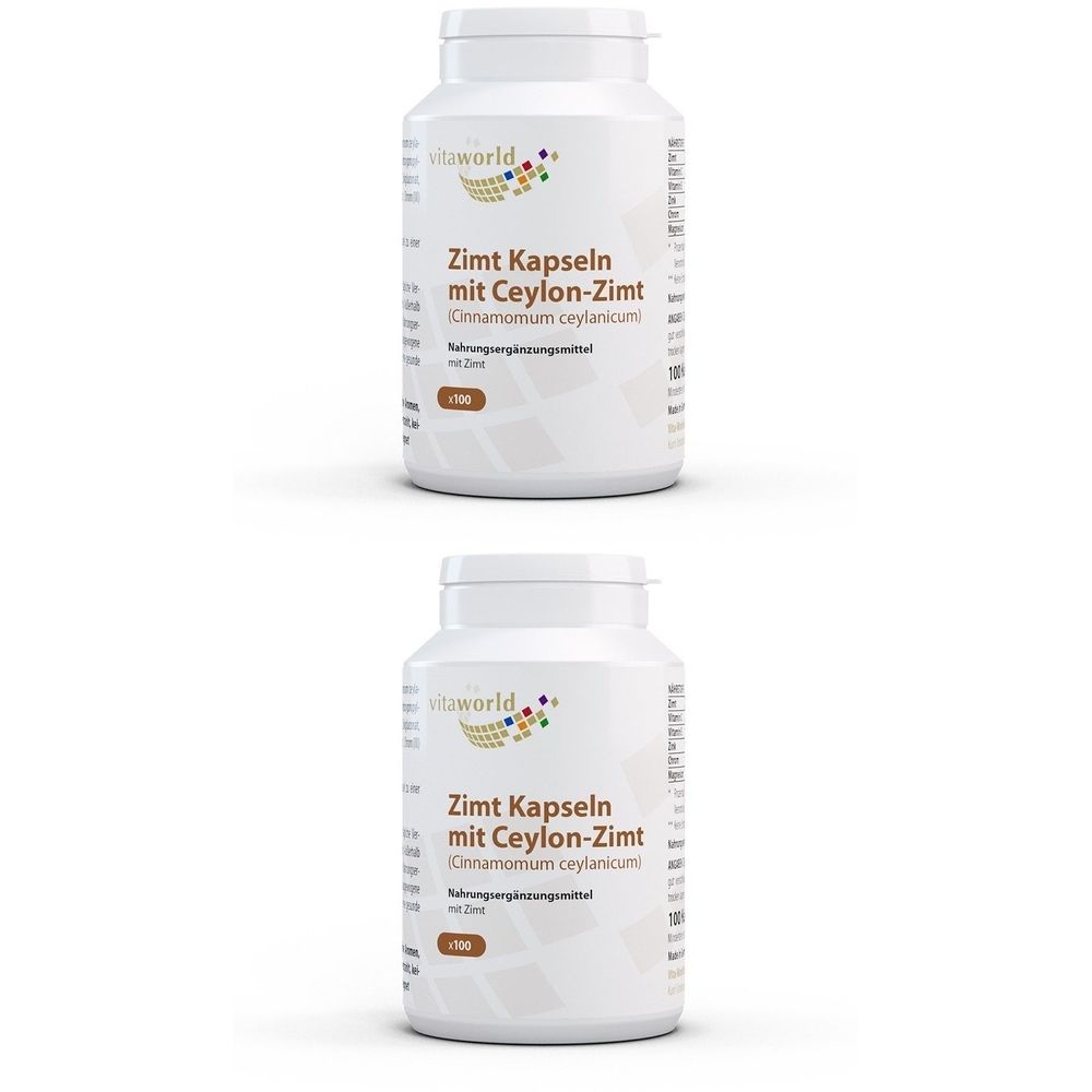 Zwei weiße Flaschen mit Kapseln. Aufschrift: Zimt Kapseln mit Ceylon-Zimt. Marke: Vitaworld. Mit Zink.