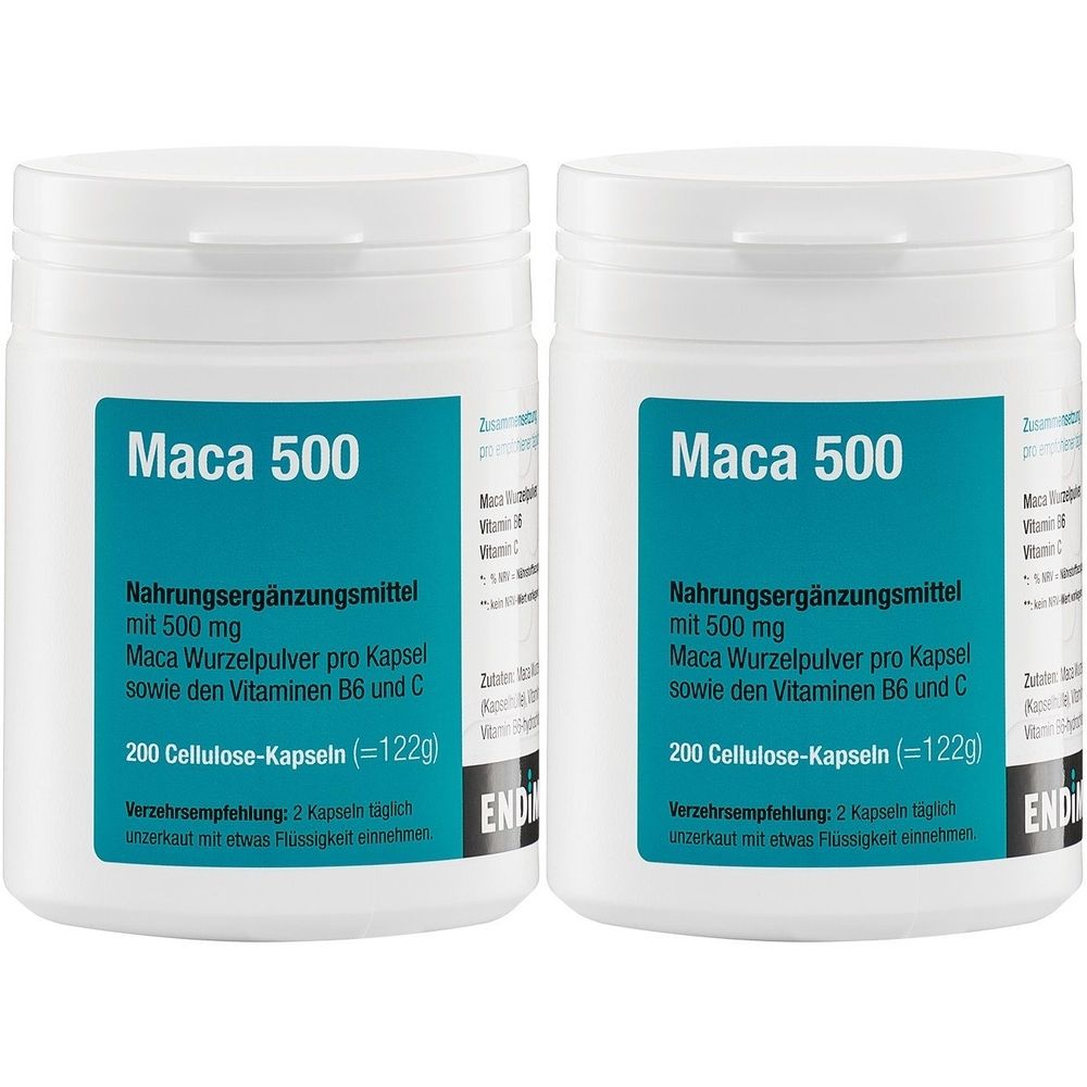 Zwei weiße Dosen mit blauem Etikett. Aufschrift: Maca 500, Nahrungsergänzungsmittel. Enthält 200 Cellulose-Kapseln. Marke: ENDI.