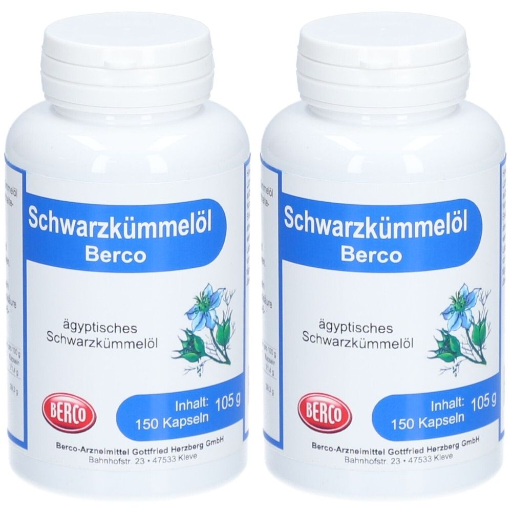 Zwei weiße Flaschen mit blauem Etikett. Aufschrift: Schwarzkümmelöl Berco, ägyptisches Schwarzkümmelöl. Logo: Berco. Inhalt: 105g, 150 Kapseln.