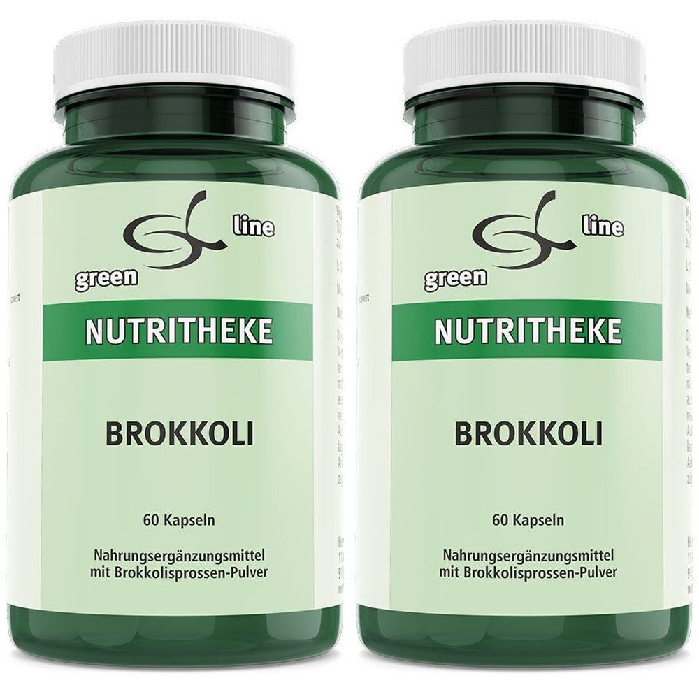 Zwei grüne Flaschen mit weißem Deckel. Aufschrift: green line NUTRITHEKE Brokkoli, 60 Kapseln. Nahrungsergänzungsmittel mit Brokkolisprossen-Pulver.