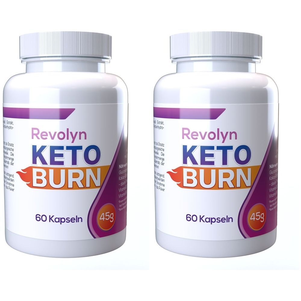 Zwei weiße Flaschen mit Deckel. Aufschrift: Revolyn Keto Burn, 60 Kapseln, 45g. Lila und orangefarbene Designelemente.